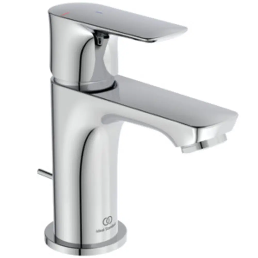 Moderne chromfarbene Einhebelarmatur von Ideal Standard mit flachem, rechteckigem Auslauf und seitlichem Hebel zur Temperaturregelung.